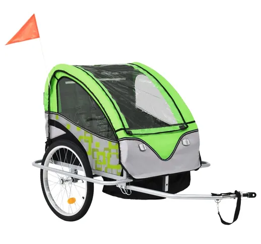 vidaXL Rimorchio Bici per Bambini e Passeggino 2 in 1 Verde e Grigio