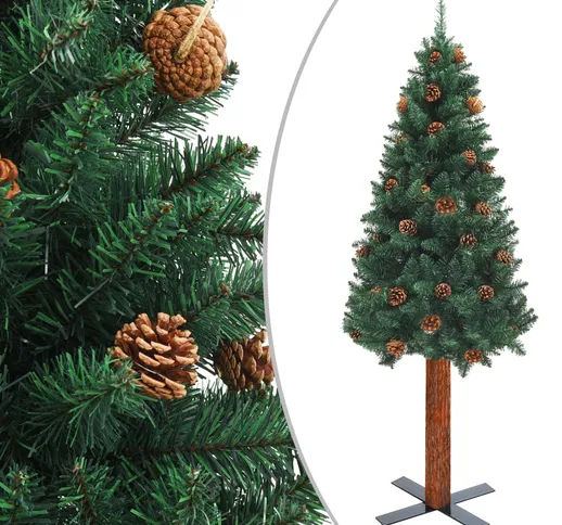 vidaXL Albero di Natale Sottile con Legno Vero e Pigne Verde 210cm PVC