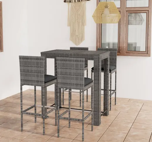 vidaXL Set Bar da Giardino 5 pz con Cuscini in Polyrattan Grigio