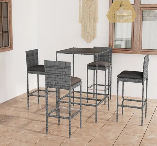 vidaXL Set da Bar da Giardino 5 pz con Cuscini in Polyrattan Grigio