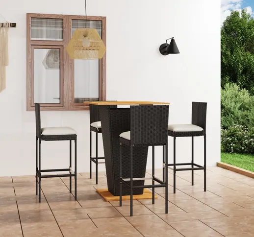 vidaXL Set da Bar da Giardino 5 pz con Cuscini in Polyrattan Nero