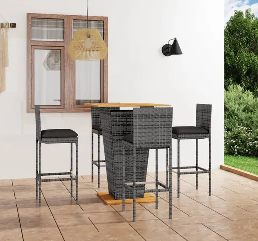 vidaXL Set da Bar da Giardino 5 pz con Cuscini in Polyrattan Grigio