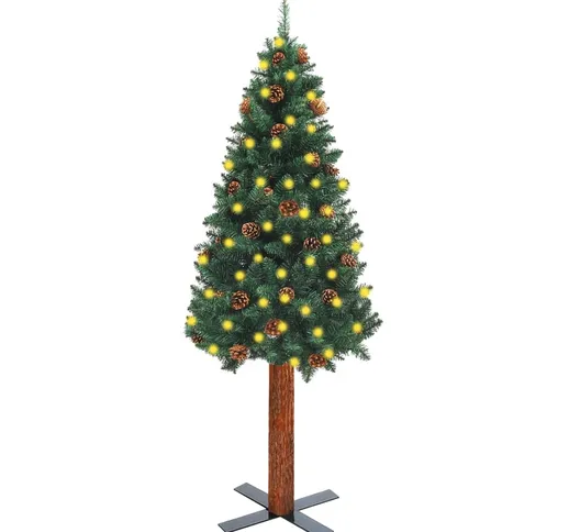 vidaXL Albero di Natale Sottile con LED Legno Vero Pigne Verde 180 cm