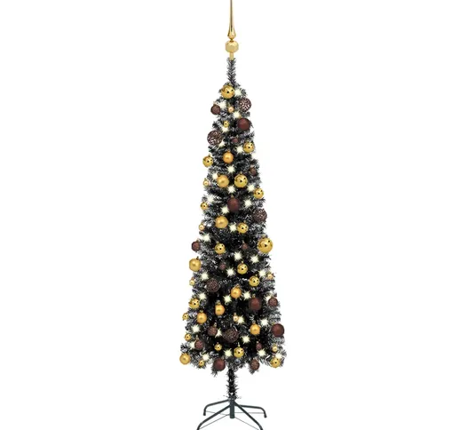 vidaXL Set Albero di Natale Sottile con Luci LED e Palline Nero 150cm