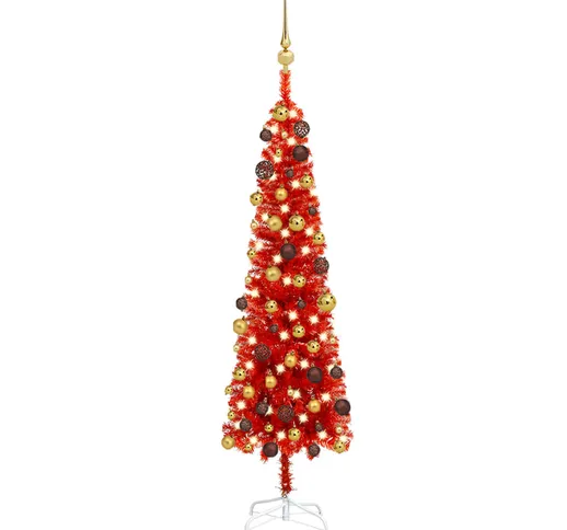 vidaXL Set Albero di Natale Sottile con LED e Palline Rosso 120 cm