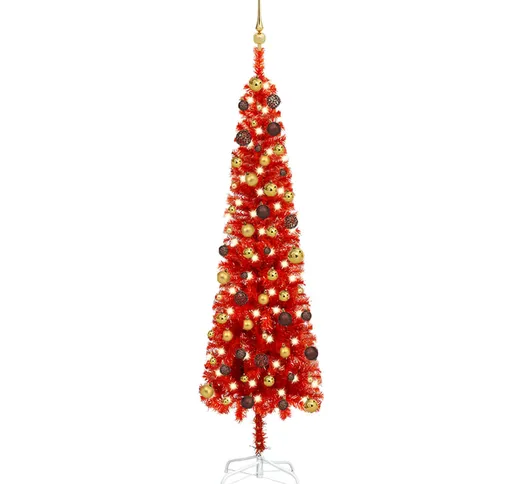 vidaXL Set Albero di Natale Sottile con Luci LED e Palline Rosso 210cm