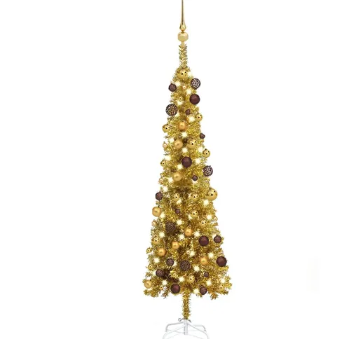 vidaXL Set Albero di Natale Sottile con LED e Palline Oro 120 cm