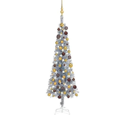 vidaXL Set Albero Natale Sottile con Luci LED e Palline Argento 150cm
