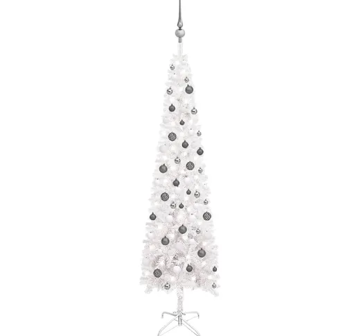 vidaXL Set Albero di Natale Sottile con Luci LED e Palline Bianco 210cm