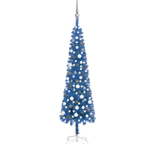 vidaXL Set Albero di Natale Sottile con LED e Palline Blu 180 cm