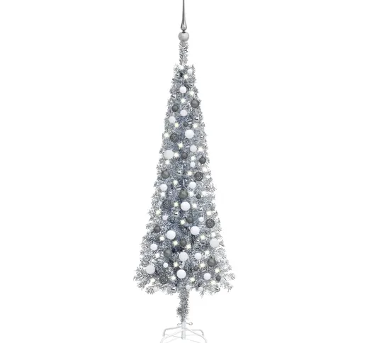 vidaXL Set Albero Natale Sottile con Luci LED e Palline Argento 180 cm