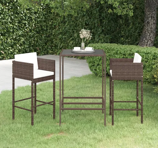 vidaXL Set Bar da Giardino 3 pz con Cuscini in Polyrattan Marrone