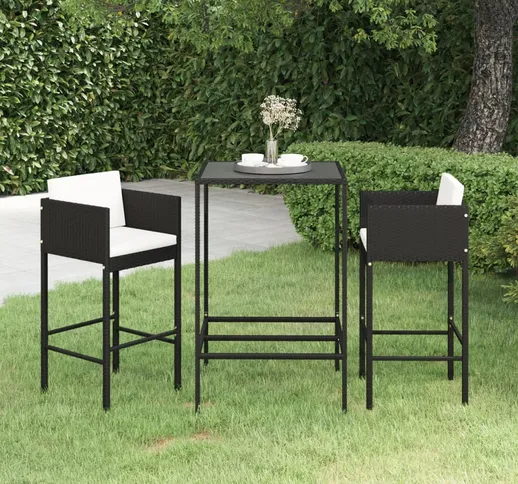 vidaXL Set Bar da Giardino 3 pz con Cuscini Polyrattan Nero