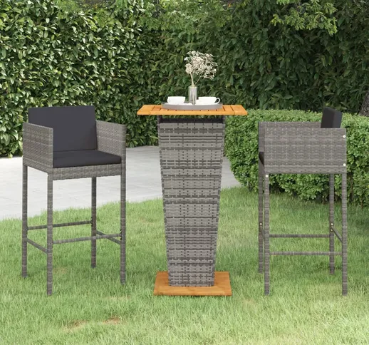 vidaXL Set Bar da Giardino 3 pz con Cuscini in Polyrattan Grigio