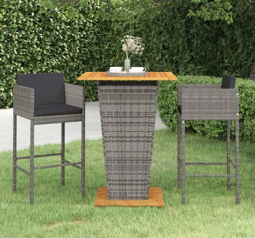 vidaXL Set Bar da Giardino 3 pz con Cuscini in Polyrattan Grigio