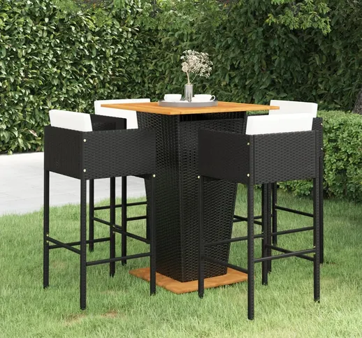 vidaXL Set Bar da Giardino 5 pz con Cuscini in Polyrattan Nero