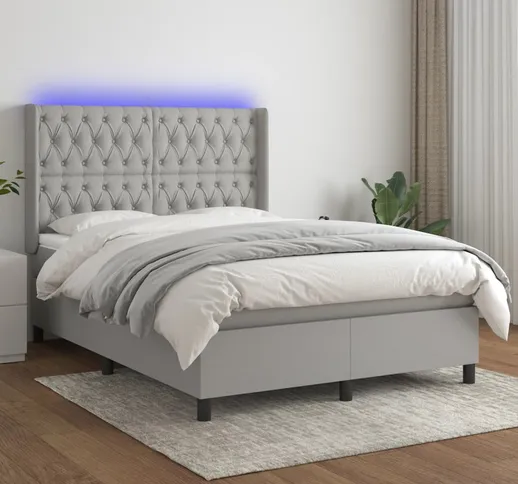 vidaXL Letto a Molle Materasso e LED Grigio Chiaro 140x190 cm Tessuto