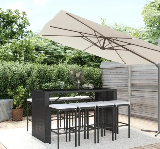 vidaXL Set Bar da Giardino 9 pz con Cuscini in Polyrattan Nero