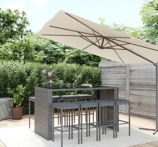 vidaXL Set Bar da Giardino 9 pz con Cuscini in Polyrattan Grigio