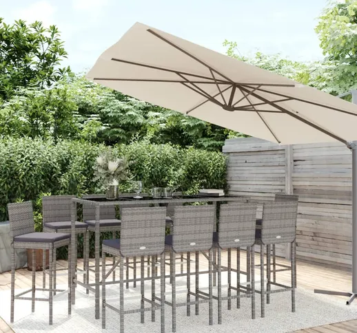 vidaXL Set Bar da Giardino 11 pz con Cuscini in Polyrattan Grigio