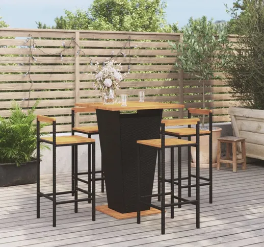 vidaXL Set Bar Giardino 5 pz Nero Polyrattan e Legno Massello Acacia