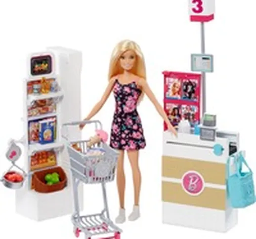 Barbie- Bambola, Supermercato, Carrello Funzionante e Tanti Accessori, FRP01