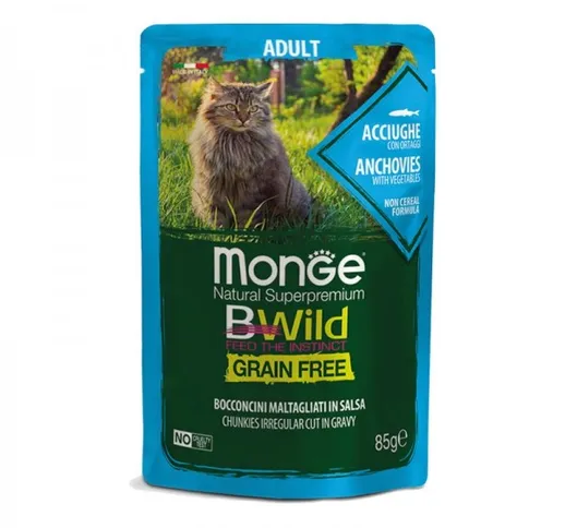 Monge BWild Grain Free Adult Acciughe con Ortaggi Bocconcini in Salsa per Gatti