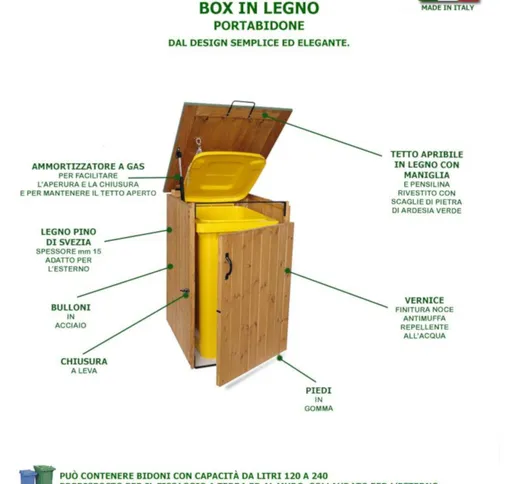 Box Portabidoni in legno 74x86xh116 cm coperchio con ammortizzatore a gas con tetto verde