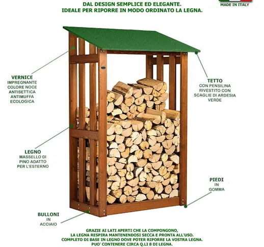Portalegna Legnaia in legno con Tettino 122x70xh 180 Cm -contenuto legna 8 quintali tettin...