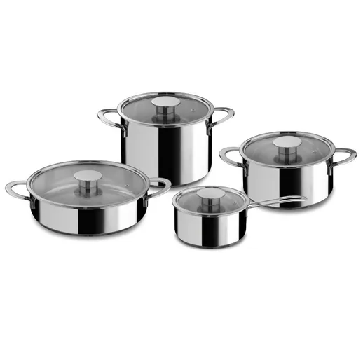 Batteria di pentole 8 pezzi in acciaio inox 18/10 GOURMET con coperchi in vetro pyrex, ada...