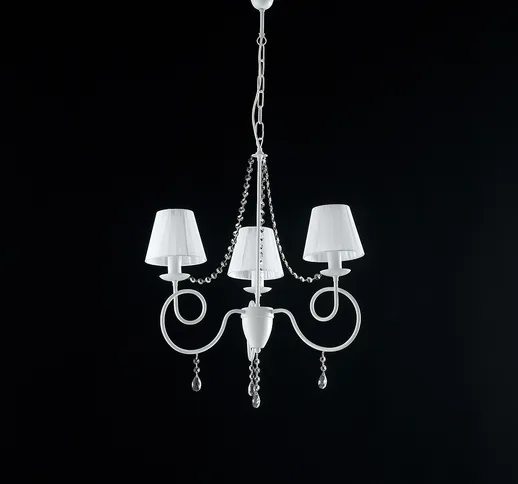 Lampadario Elegant in ferro laccato bianco con decorazione shabby e strass in cristallo 3...