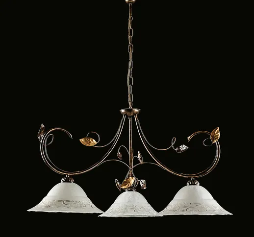 Lampadario Magnolia in ferro laccato marrone con decorazione oro e vetri bianchi e oro 3 l...