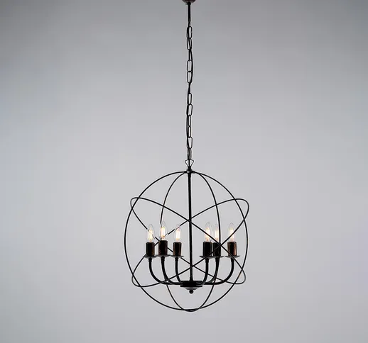 Lampadario Williams in ferro laccato nero con decorazione oro 6 luci , altezza 55 Cm, Cavo...