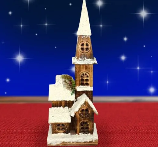 CAMPANILE LEGNO INNEVATO CON LUCI GIALLE ALTEZZA 54 CM DECORAZIONI NATALIZIE