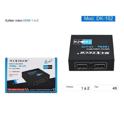 SPLITTER SDOPPIATORE 2 PORTE USB HDMI FULL HD 1080P TV PS3 XBOX 3D 4K MAXTECH DK-102