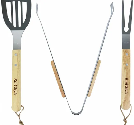 SET 3 ATTREZZI GRIGLIA BARBECUE FORCHETTONE PINZA SPATOLA IN ACCIAIO MANICO LEGNO