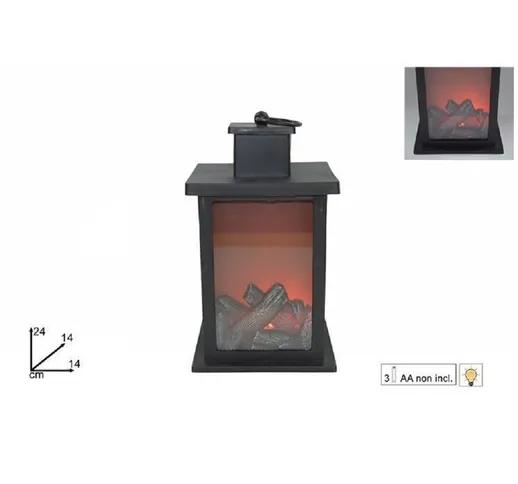 LANTERNA CON FUOCO LED BATTERIA 14 X 24 CM CAMINETTO DECORATIVO NATALE