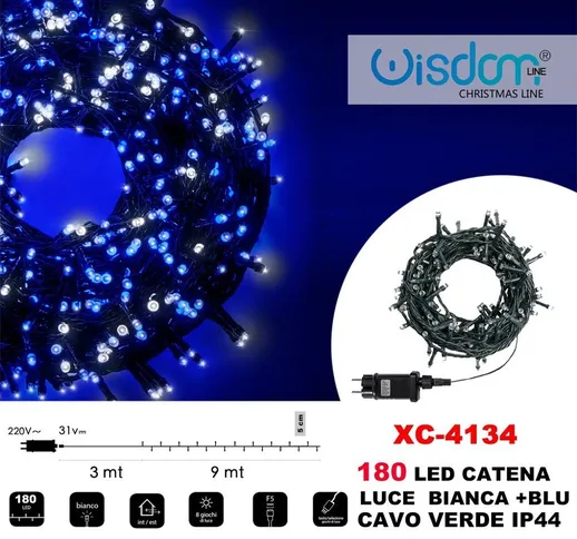 CATENA LUMINOSA 180 LUCI LED LUCCIOLE LUCE BIANCA + BLU CAVO VERDE IP44 XC-4134