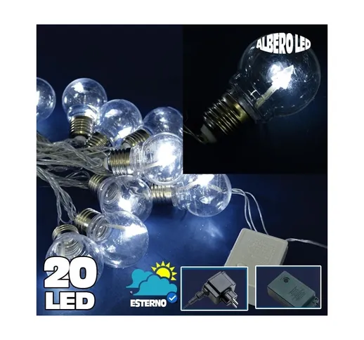 CATENA LUMINOSA 20 BULBI FORMA LAMPADINA TRASPARENTE A LED BIANCO FREDDO ALBERO