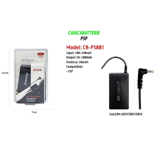 MAXTECH CA-PS001 CARICABATTERIE COMPATIBILE CON PSP MODELLO 1000/2000/3000 5V/2A