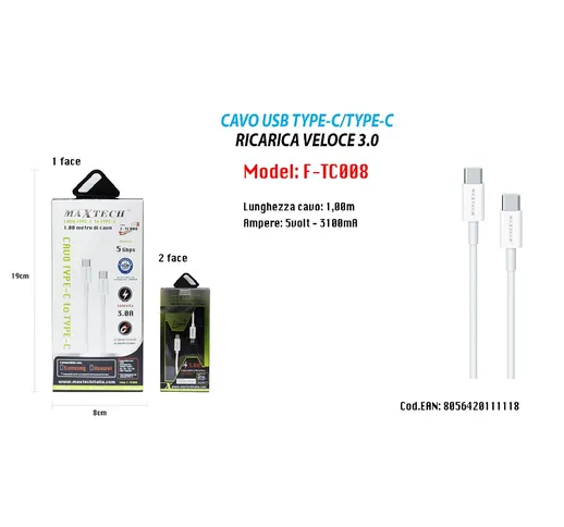 CAVO USB TYPE-C A USB TYPE-C 3.0 1MT COMPATIBILE SAMSUNG HUAWEI MAXTECH F-TC008