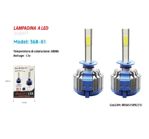 COPPIA LAMPADE LED AUTO FARI H1 MOTO KIT LAMPADINE 36W 6000K FARO MAXTECH 360-H1