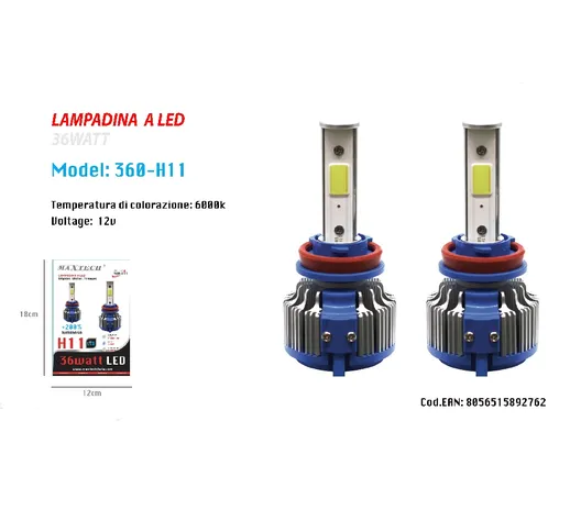 COPPIA LAMPADINE LED AUTO FARO MACCHINA H11 LUCE BIANCA 6000K 360° MAXTECH 360-H11