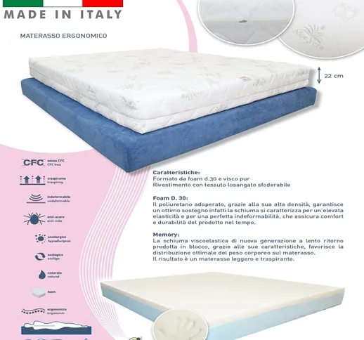 MATERASSO 120X190 ALTEZZA 22 CM MEMORY E FOAM ANTIACARO ERGONOMICO ANALLERGICO