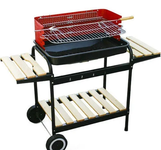 BARBECUE TROLLEY A CARBONELLA IN METALLO E LEGNO BBQ BRACIERE PORTATILE RIPIANI