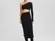 Bershka Vestito Midi Maniche Lunghe Asimmetrico Dettaglio Laterale Donna S Nero