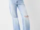 Bershka Jeans 90'S Wide Leg Strappati Donna 40 (Eu 36) Azzurro Lavato