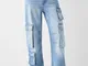 Bershka Jeans Cargo Multitasche Donna 46 (Eu 42) Azzurro Lavato