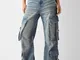 Bershka Jeans Baggy Cargo Fascette Donna 36 (Eu 32) Azzurro Lavato