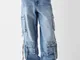 Bershka Jeans Baggy Cargo Con Fascette Donna 38 (Eu 34) Azzurro Lavato